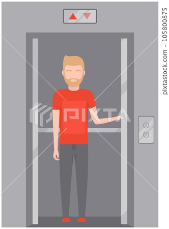 Glass lift for transporting people between floors. Man stands in modern elevator with iron doors 105800875