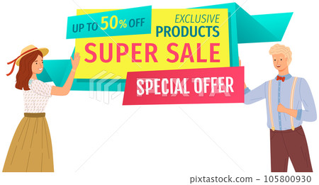 Couple advertising premium goods, best choice banner. Promotional poster of sale, discount in store Couple advertising premium goods, best choice banner. Promotional poster of sale, discount in store 105800930