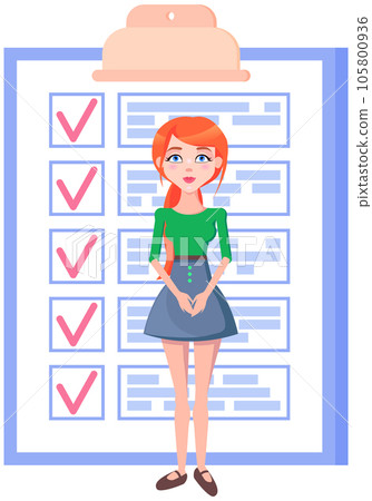 Woman stands near to do list and planning schedule. Plan fulfilled, task completed, timetable sheet 105800936