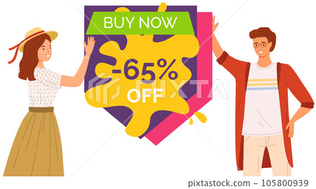 Couple advertising premium goods, best choice banner. Promotional poster of sale, discount in store Couple advertising premium goods, best choice banner. Promotional poster of sale, discount in store 105800939