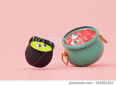 3d render, Halloween party elements decoration with witch cauldron for mixing potion magic on pastel background, trick or treat concept. 105801052