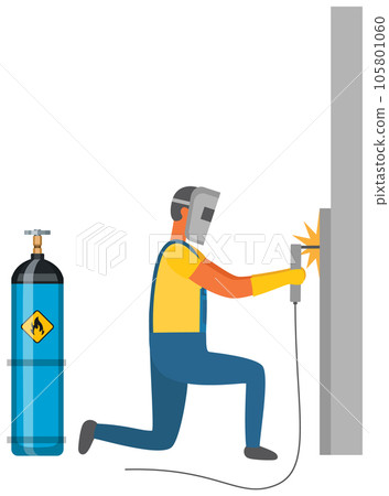 Man welding metal near gas cylinder. Welder works with equipment next to flammable container Man welding metal near gas cylinder. Welder works with equipment next to flammable container 105801060