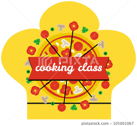 Kitchen emblem, food studio label. Masterclass on cooking pizza. Italian cuisine lessons concept 105801067