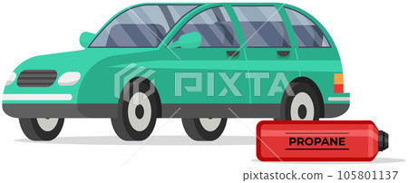 Cylinder with fuel, gas storage next to automobile. Container with flammable substance near car Cylinder with fuel, gas storage next to automobile. Container with flammable substance near car 105801137