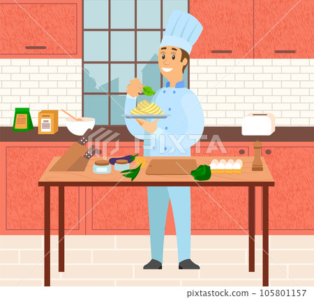Male chef preparing pasta, macaroni in kitchen. Cook serves and decorates dish of italian cuisine 105801157
