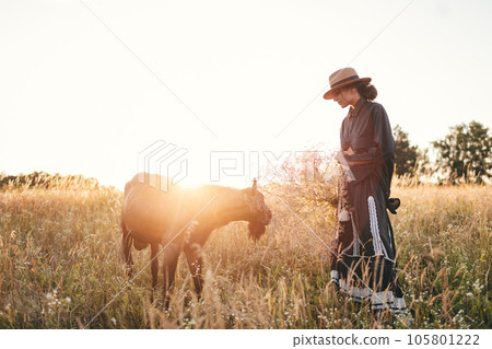 Young woman in the field is grazing her white goats. The girl and goats in the meadow in summer. Love for animals. Goat farm. Pets. Happy woman with animal. Kindness and love for animals. Kisses a pet 105801222