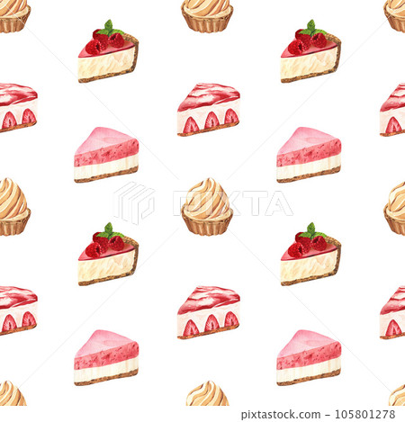 Watercolor seamless pattern desserts, piece of cheesecake with fresh strawberries. Hand-drawn illustration isolated on white background. Perfect food menu, food drawing, design packing, print Watercolor seamless pattern desserts, piece of cheesecake with fresh strawberries. Hand-drawn illustration isolated on white background. Perfect food menu, food drawing, design packing, print 105801278