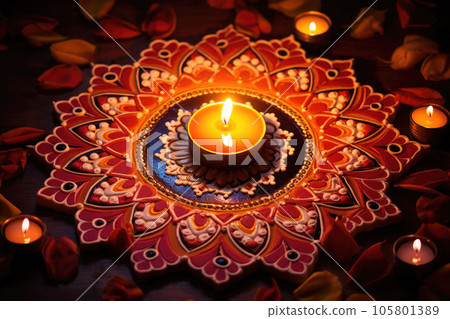 Lamps lit during diwali celebration. Lighting candles in rangoli patterns. AI generated 105801389