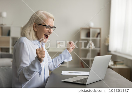 Excited happy elder mature business lady celebrating surprising success 105801587