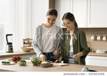 Happy mother teaching teen girl to cook homemade healthy meal Happy mother teaching teen girl to cook homemade healthy meal 105801946