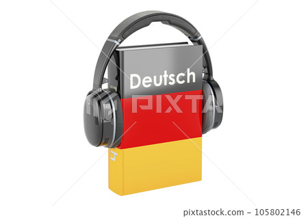 German language textbook with headphones. Learn German language, classes. 3D rendering German language textbook with headphones. Learn German language, classes. 3D rendering 105802146