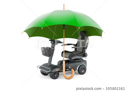 Powered mobility scooter under umbrella, 3D rendering Powered mobility scooter under umbrella, 3D rendering 105802161