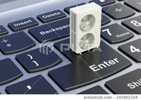 Outdoor Compressor Multi-Zone Unit, Air Conditioner on laptop keyboard. 3D rendering 105802164