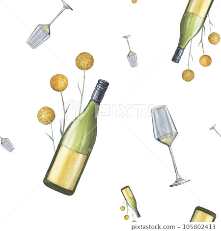 Watercolour seamless pattern with wine bottle, glass and craspedia flower. Australian white wine and field flowers. Decor for wrapping paper, textile, tablecloth, bar, restaurant. Hand drawn Watercolour seamless pattern with wine bottle, glass and craspedia flower. Australian white wine and field flowers. Decor for wrapping paper, textile, tablecloth, bar, restaurant. Hand drawn 105802413