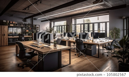 Modern open space office with big windows, tables with computers, office chairs and shelves with folders. Workplace and company concept. AI Generative. Modern open space office with big windows, tables with computers, office chairs and shelves with folders. Workplace and company concept. AI Generative. 105802567