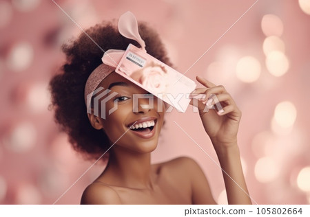 Excited pretty lady in dress holding gift boxes over color studio background. Celebrating Woman's Day, Valentine's, birthday, anniversary. Shopping for holiday concept. AI Generative. 105802664