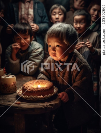 Kids birthday party. Child blowing candles on cake and opening presents. Pastel rainbow theme celebration. Family celebrating at home. Boy opening gifts, eating cakes. AI Generative. 105802665