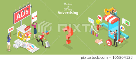 3D Isometric Flat Vector Conceptual Illustration of Online Vs Offline Advertising 105804123