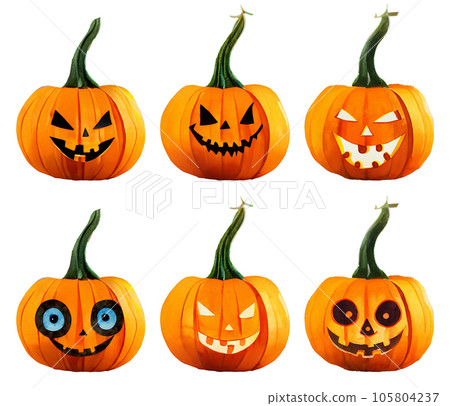 Halloween jack-o-lanterns, illustrations with various faces 105804237