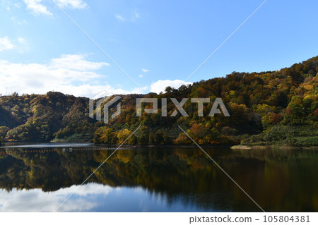 The scenery of Yokogawa Dam where you can see the blue sky and the mountains dyed with autumn leaves 105804381