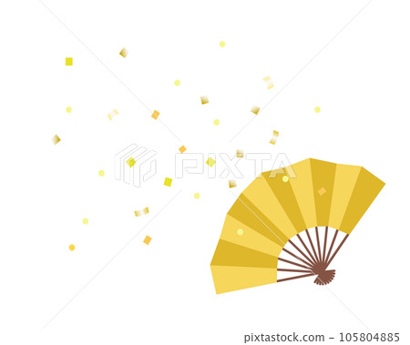 Illustration of a simple golden fan with flying confetti 105804885
