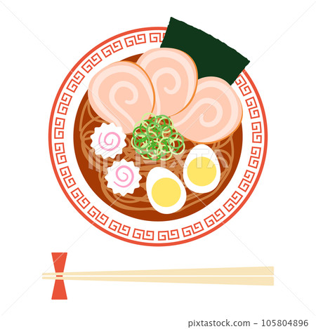 Illustration of soy sauce ramen and chopsticks seen from above 105804896