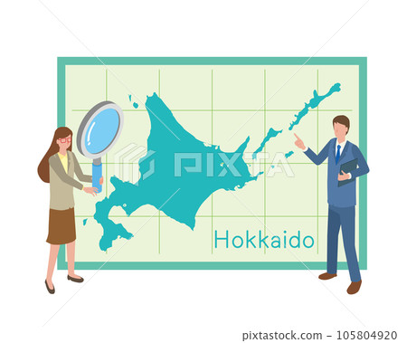 A businessman looking at a map of Hokkaido and talking 105804920