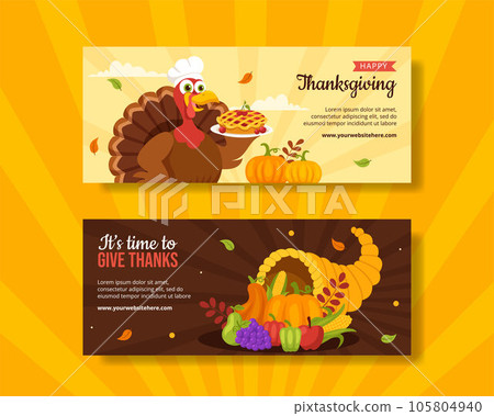 Happy Thanksgiving Horizontal Banner Flat Cartoon Hand Drawn Templates Background Illustration 105804940
