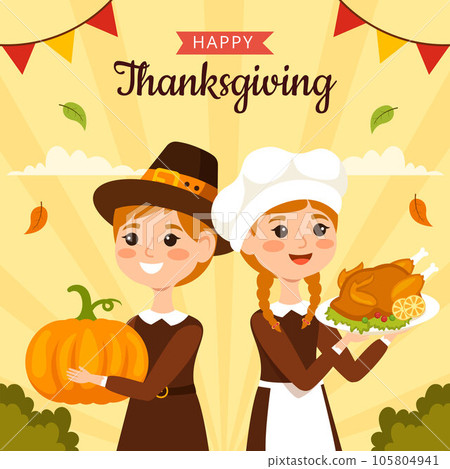 Happy Thanksgiving Social Media Illustration Flat Cartoon Hand Drawn Templates Background Happy Thanksgiving Social Media Illustration Flat Cartoon Hand Drawn Templates Background 105804941