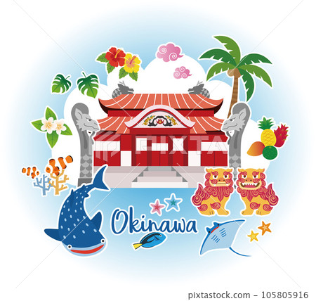 Okinawa image illustration, Shuri Castle, Shisa, whale shark, coral, hibiscus, tropical fruits Okinawa image illustration, Shuri Castle, Shisa, whale shark, coral, hibiscus, tropical fruits 105805916