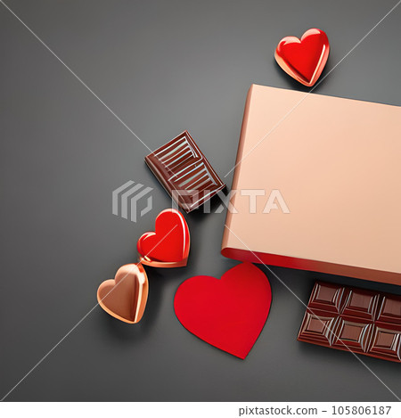 Red love shape valentine days. Happy valentine days. Design material mockup. Express love. Love flower decoration. Black white sweet chocolate cake hearth. 3D render love hearth. Love concept. 105806187