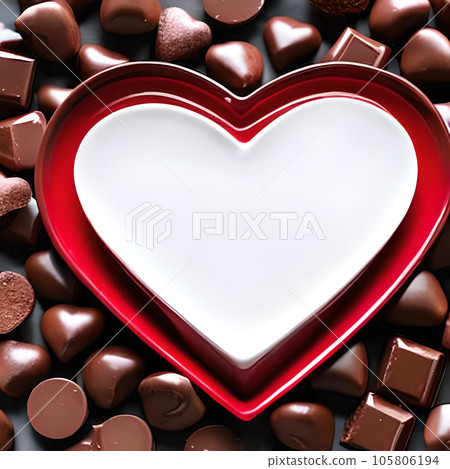 Red love shape valentine days. Happy valentine days. Design material mockup. Express love. Love flower decoration. Black white sweet chocolate cake hearth. 3D render love hearth. Love concept. 105806194