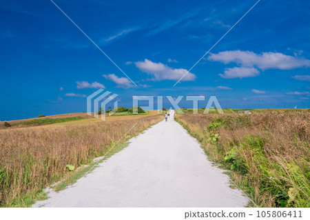 （北海道稚內）夏天的藍天、白色的道路 105806411