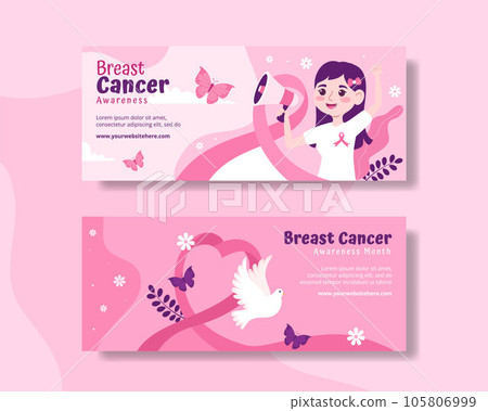 Breast Cancer Awareness Month Horizontal Banner Flat Cartoon Hand Drawn Templates Background Illustration 105806999