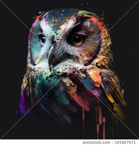 Beautiful multicolored owl on a dark background. Bird. Wildlife Animals. Illustration, Generative AI. 105807671