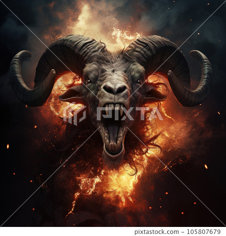 Image of an angry demon sheep terrifying with flames and smoke on dark background. Farm animals. Illustration, Generative AI. 105807679