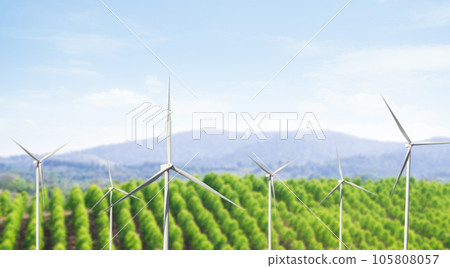 Wind Mill Turbine Power Energy Generator Farm Electric Renewable Sustainable Field Green Park Mountain Nature Environment Clean Co2 with blur sky landscape, Future Technology Plant Windmill Energy. 105808057