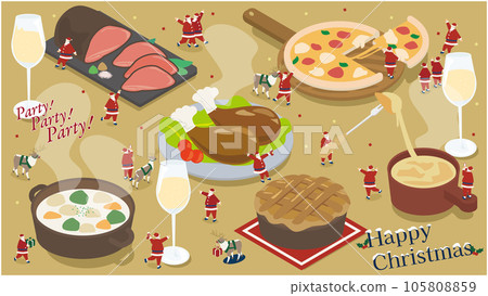 Isometric illustration of Santa Claus and reindeer enjoying Christmas gourmet 105808859
