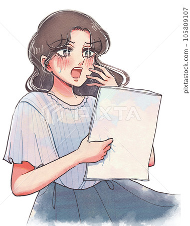 Cartoon style illustration of a girl in her twenties who is surprised to see documents 105809107