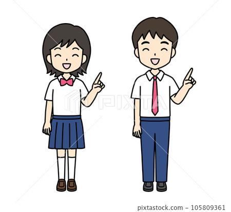 Simple and cute student illustration (pointing, smiling, summer clothes) 105809361