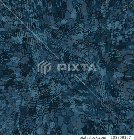 Blue denim halftones hexagon snake skin. Seamless geometric vector texture 105809397
