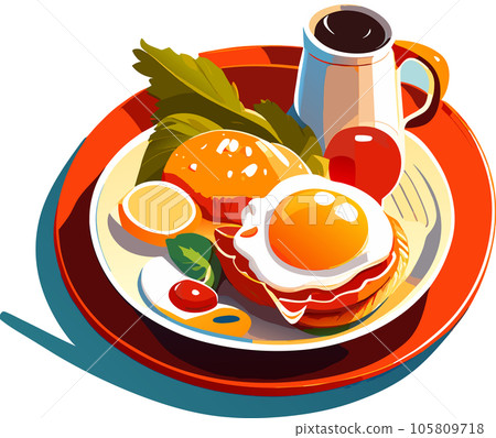 Toast with fried eggs and vegetables on a plate and coffee mugs on the breakfast table. AI-generative Toast with fried eggs and vegetables on a plate and coffee mugs on the breakfast table. AI-generative 105809718
