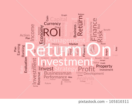 Word cloud background concept for Return on investment (ROI). Business profit performance, financial gain plan of marketing performance. Word cloud background concept for Return on investment (ROI). Business profit performance, financial gain plan of marketing performance. 105810311