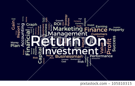 Word cloud background concept for Return on investment (ROI). Business profit performance, financial gain plan of marketing performance. Word cloud background concept for Return on investment (ROI). Business profit performance, financial gain plan of marketing performance. 105810315