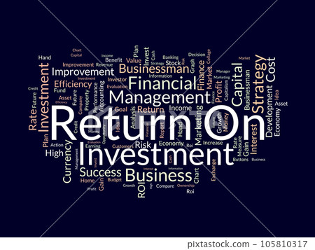 Word cloud background concept for Return on investment (ROI). Business profit performance, financial gain plan of marketing performance. Word cloud background concept for Return on investment (ROI). Business profit performance, financial gain plan of marketing performance. 105810317