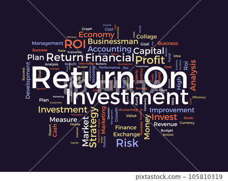 Word cloud background concept for Return on investment (ROI). Business profit performance, financial gain plan of marketing performance. Word cloud background concept for Return on investment (ROI). Business profit performance, financial gain plan of marketing performance. 105810319