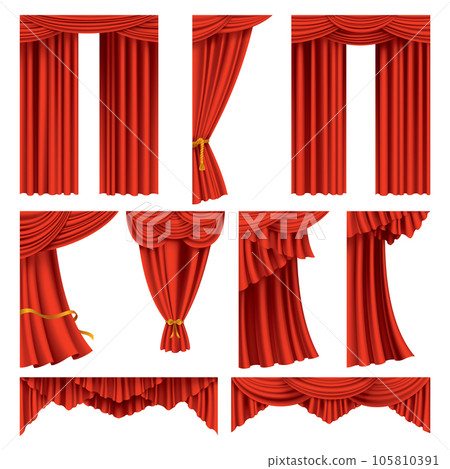 Red curtains realistic collection. Theater fabric silk decoration for movie cinema or opera hall. Curtains and draperies interior decoration object. Isolated on white for theater stage 105810391