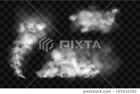 Smoke clouds stream. Transparent fog effect. White vector cloudiness, mist or smog background. Vector illustration isolated transparent special effect 105810392