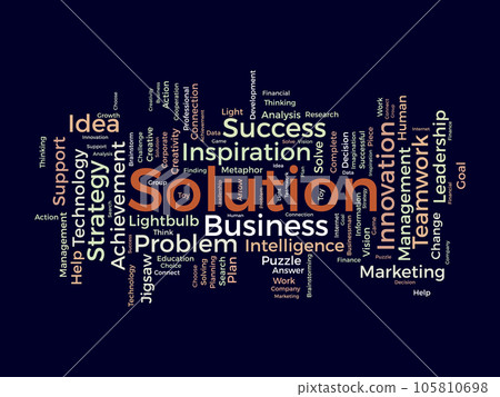 Word cloud background concept for Solution. Planning strategy, creativity solution and development, inspiration leadership, Innovative of new ideas. vector illustration. Word cloud background concept for Solution. Planning strategy, creativity solution and development, inspiration leadership, Innovative of new ideas. vector illustration. 105810698