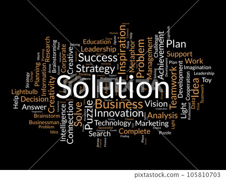 Word cloud background concept for Solution. Planning strategy, creativity solution and development, inspiration leadership, Innovative of new ideas. vector illustration. 105810703